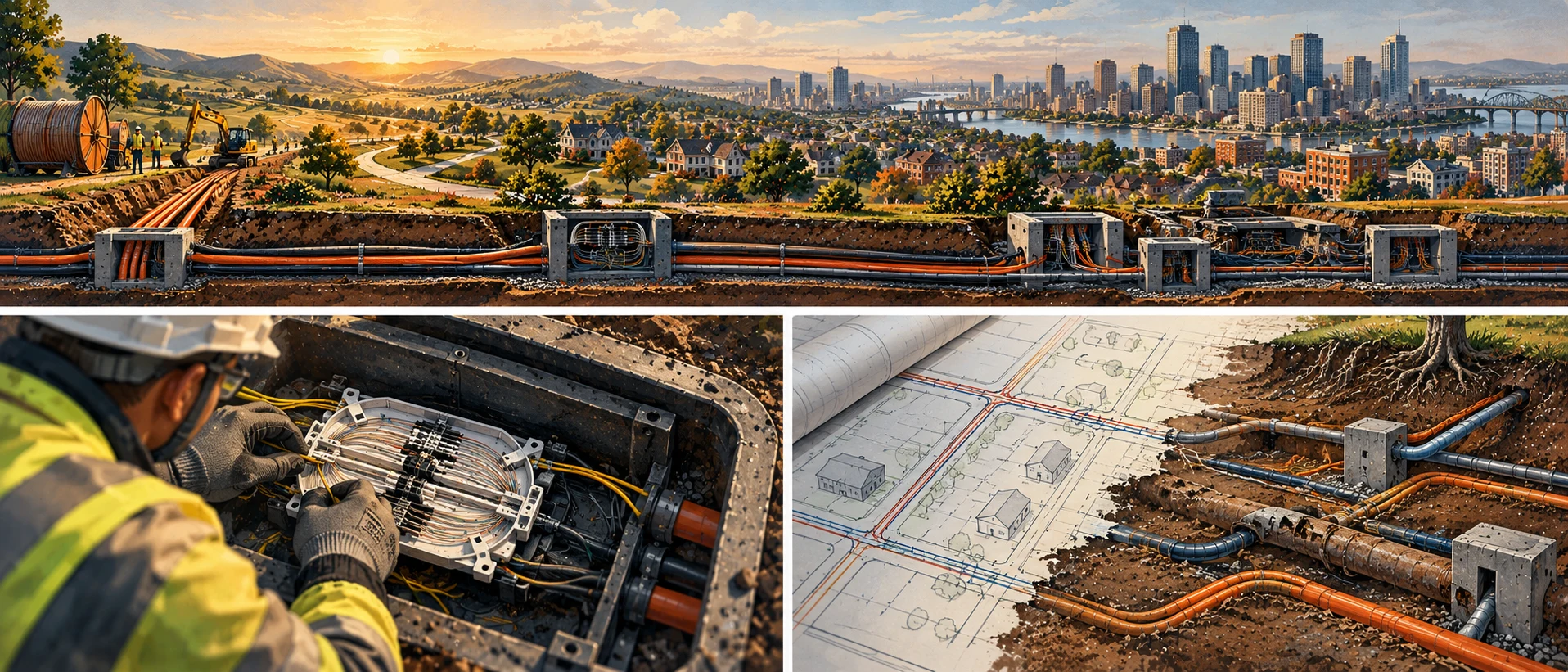 A broadband infrastructure lifecycle panorama paired with close-up fiber splicing and a comparison between engineering plans and buried field conditions