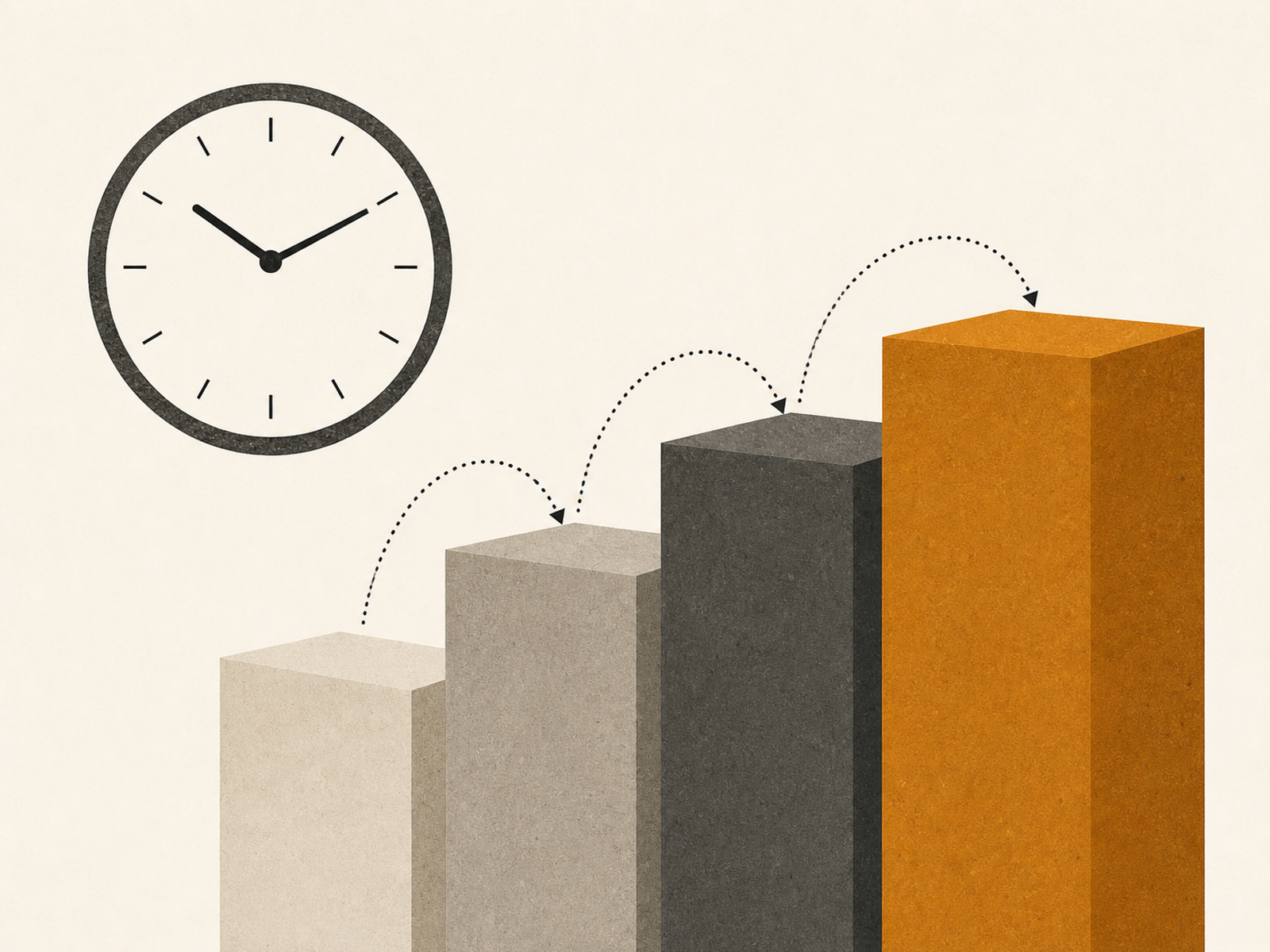 A clock beside four ascending blocks showing deferred work moving through time